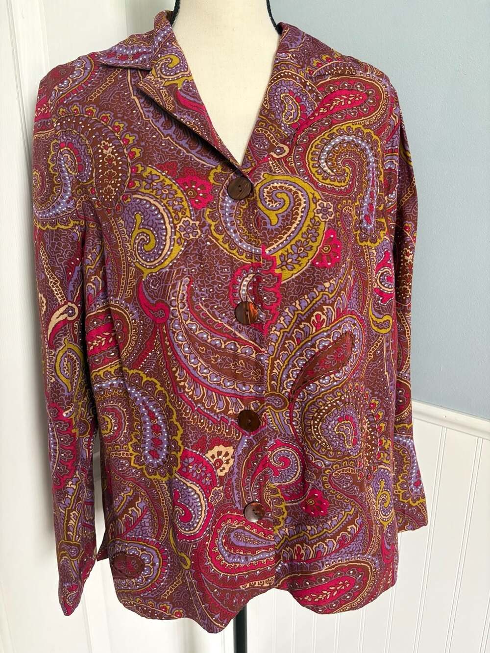Marsh Landing Beaded Paisley Linen Blend Button Front Jacket